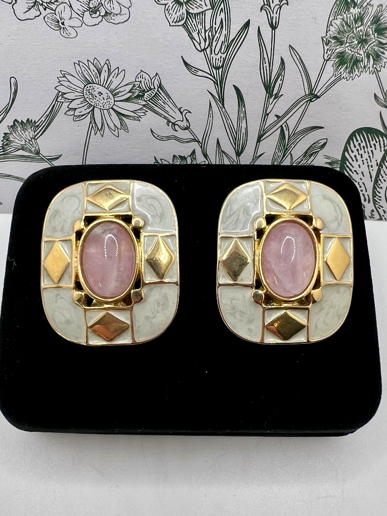 Pink Amethyst Cabochon Enamel Clip Earrings